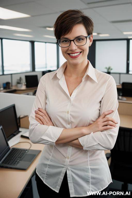 short nerdy german woman, late 20s, pixiecut, friendly , grinning, brown hair, standing in office - #main
