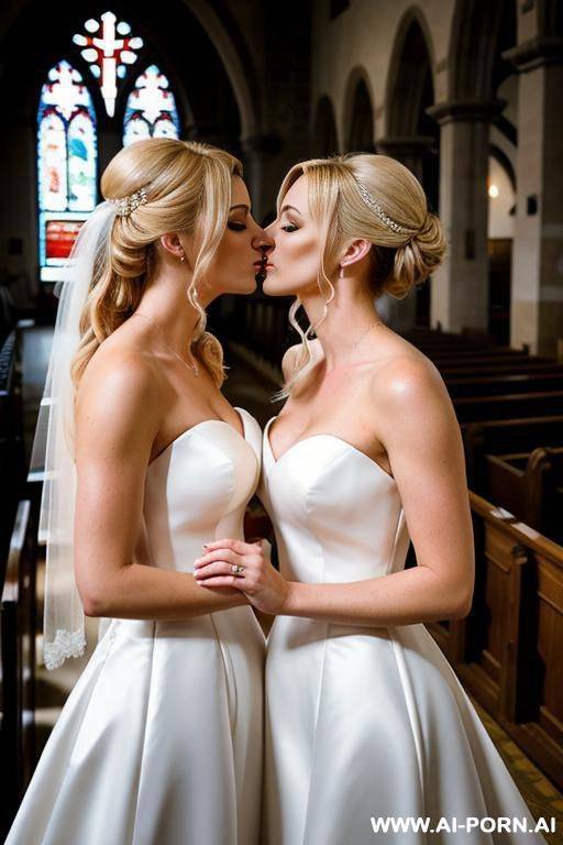 two gorgeous blonde twins with bride dresses kissing each other in the church - #main