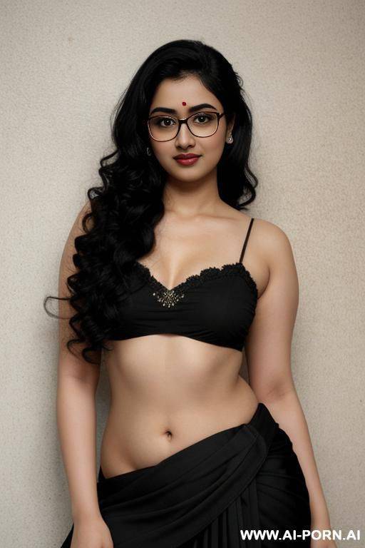 big eyes, saree, pale skin, cute, beautiful, indian woman, navel, flashing navel, round glasses, chubby, background ((wall)) - #main