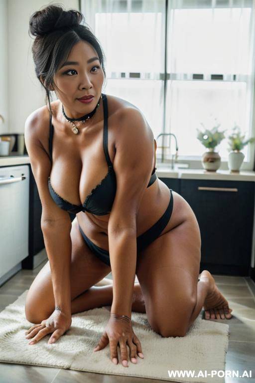 obese matured very old black gilf, very fat, very large hips, very plump, extra thicc, wrinkles, wrinkled skin, aging marks, hair bun, french maid outfit, french maid, maid, soubrette, extremely gigantic boobs, choker, perfect eyes, kitchen, waist shot - #main