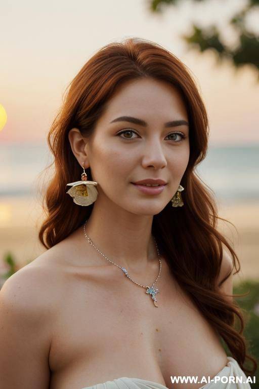 ((topless)), (eye contact), (looking into camera), (necklace, earrings), (bracelets), (slight smile), (wearing flowers), (plump natural breasts), (topless) - #main