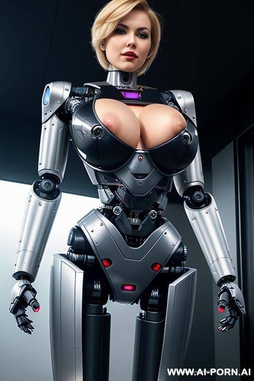 sexy robo cop, short blonde hair, fully robotic body, (shapely fit body, huge robotic tits:1.3) - #main
