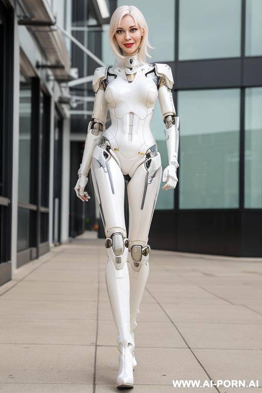 realistic beautiful cyborg robot woman completely made of white latex skin long legs with boots. - #main