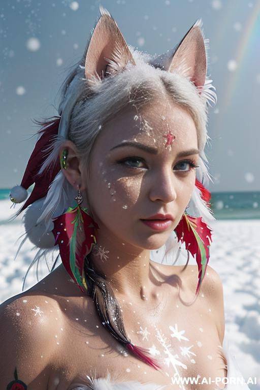 face, sexy, beautiful, ((face painting)), ((bikini as seashell)), ((tattoo roses)), ((eyes shw)), ((angel wings)), ((rainbow hair)), ((long bu hair)), ((wind)), (( cat face)), (( cat ears)), (((feather - #main