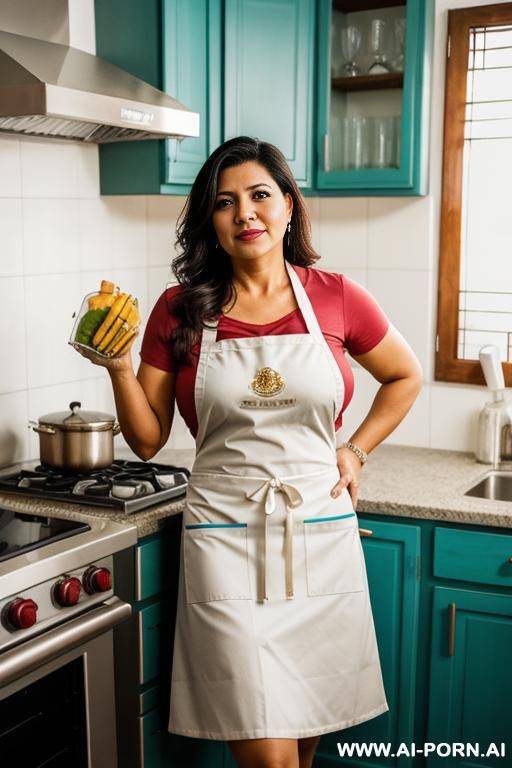 typical mexican mom, wearing an apron, latina, milf, in a tradicional kitchen - #main