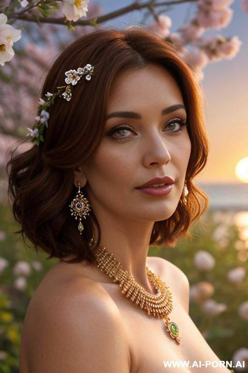 mature, milf, perfect hourglass figure, eye contact, looking into camera, necklace, earrings, bracelets, wearing flowers, totally naked, wide hips - #main