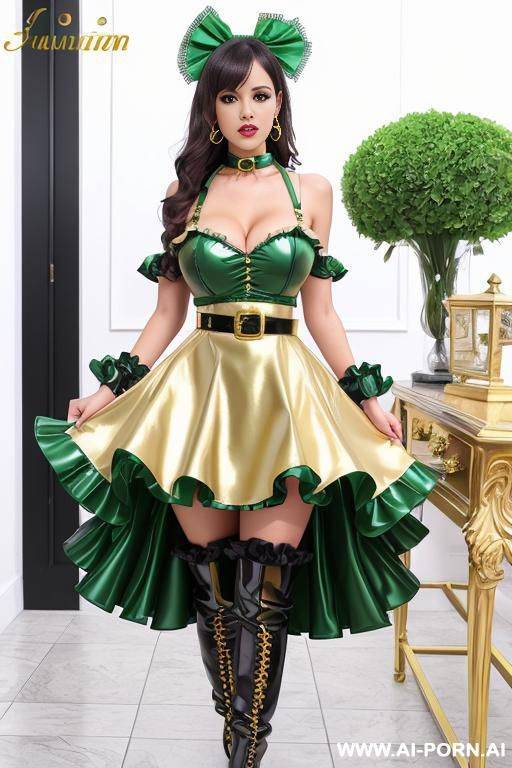 dark hair large breast woman latex metallic green dress frilly ruffle puffy bows large gold choker and cuffs white thigh high boots and belt - #main