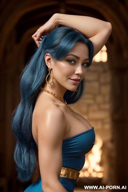 (((realistic look, super realistic))) (((frontal view))) ((sexy beautiful milf, perfect milf)) ((long thick blue hair)) ((perfect beautiful face)) ((sexy beautiful plump lips)) (((curvy body, curvy - #main