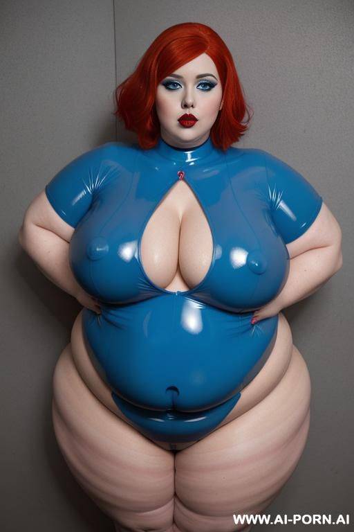 a fat rubber doll with red hair and blue lips with a blue latex covering all over her body. - #main