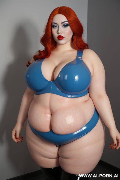 a fat rubber doll with red hair and blue lips with a blue latex covering her compette body and skin. - #main