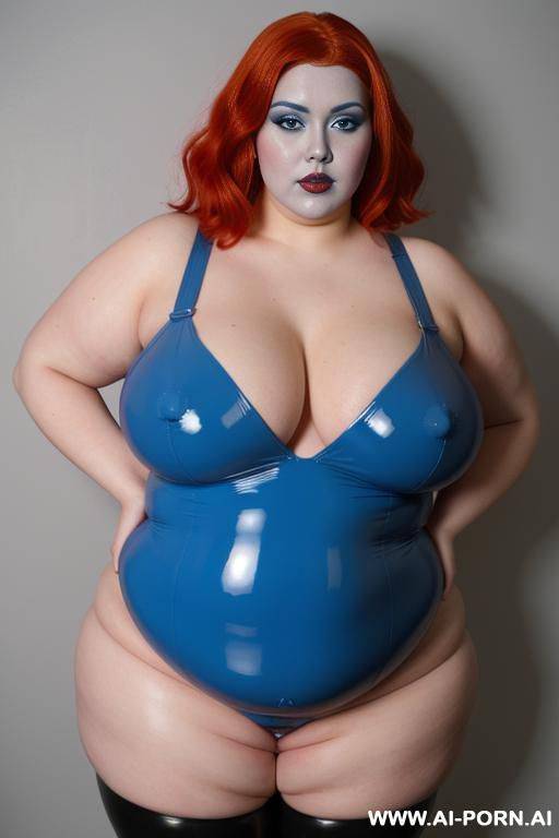 a fat rubber doll with red hair and blue lips with a blue latex covering her compette face and skin. - #main