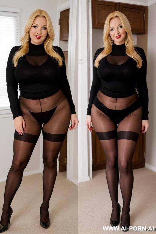 black pantyhose , blonde mom plumper, 5 years old , full body view - #main