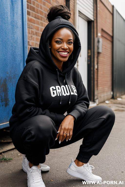 black american woman squatting in trash alley pants hoodie side-view - #main
