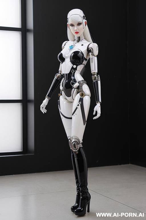 realistic beautiful cyborg robot woman doll completely made of white and black latex skin long legs with boots - #main