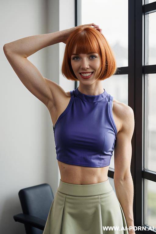 fitness, (lean arms), (a cup), ((skirt)), ((crop top)), indoors, standing, detail, looking at viewer - #main