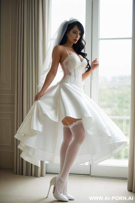 bride in wedding dress with white stockings and high heels with upset face - #main