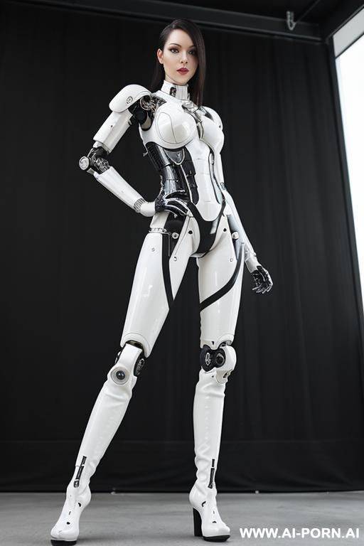 realistic beautiful cyborg robot woman completely made of white and black latex skin long legs with boots - #main