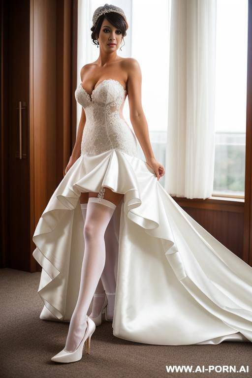 bride in sexy wedding dress with white stockings and high heels with upset face looking to the camera - #main