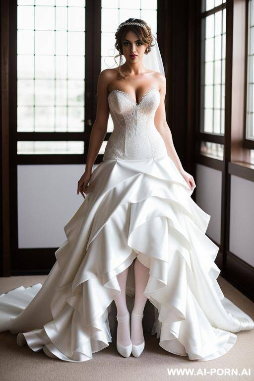 bride in sexy wedding dress with juge cluavage white stockings and high heels with upset face looking to the camera - #main