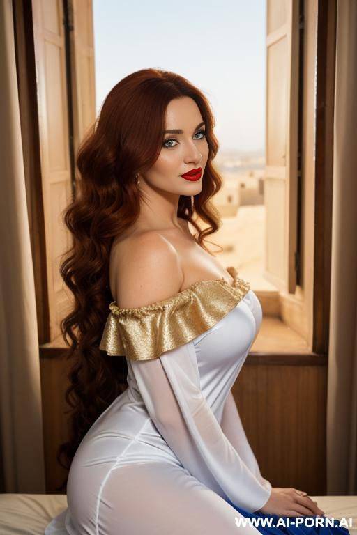 red lipstick, very long hair, white gorgeous cacked woman , round soft face , sexy pretty body, wearing royal blue off-shoulder seethough net nightgown - #main