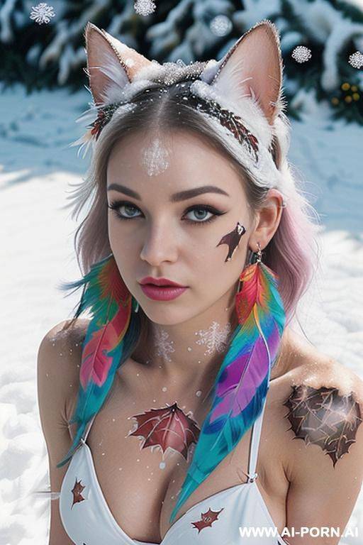 face, sexy, beautiful, ((face painting)), ((bikini as seashell)), ((tattoo roses)), ((eyes shw)), ((angel wings)), ((rainbow hair)), ((long bu hair)), ((wind)), (( cat face)), (( cat ears)), (((feather - #main