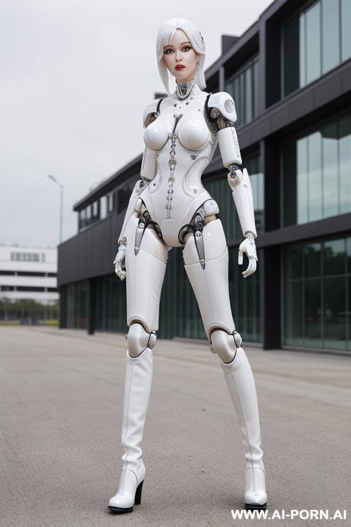 realistic beautiful detailed doll cyborg robot woman completely made of latex white skin long legs with boots - #main
