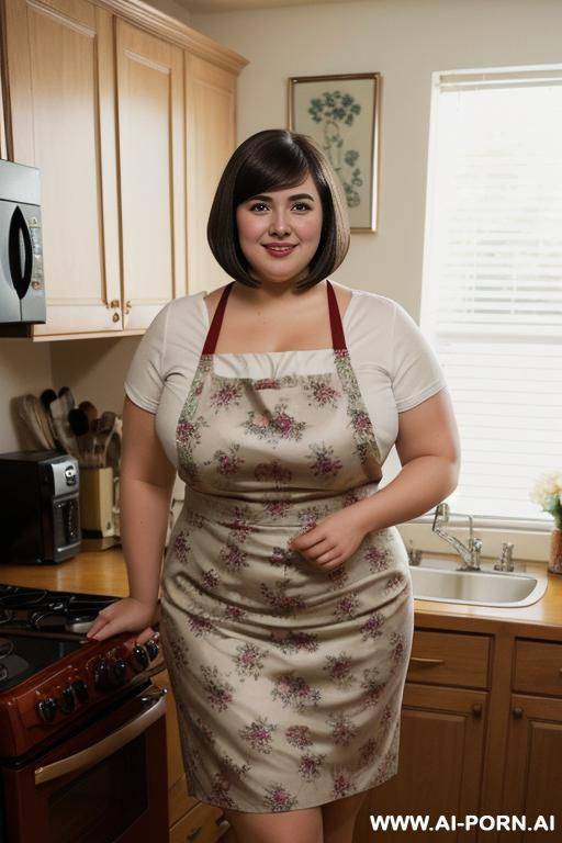 very ,fat hourglass trad wife, extremely curvaceous, wearing tight apron, mexican, hourglass body, pear shaped, unusually wide round hips, holding books, extra thicc, shiny skin, massive thighs - #main
