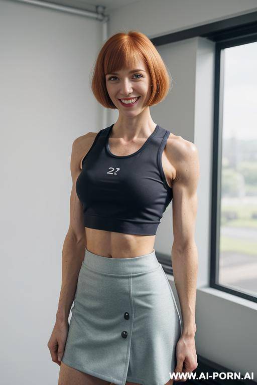 fitness, (lean arms), (arm veins), (forearm veins), no boobs, ((skirt)), ((crop top)), indoors, standing upright with arms by sides, detail, looking at viewer - #main