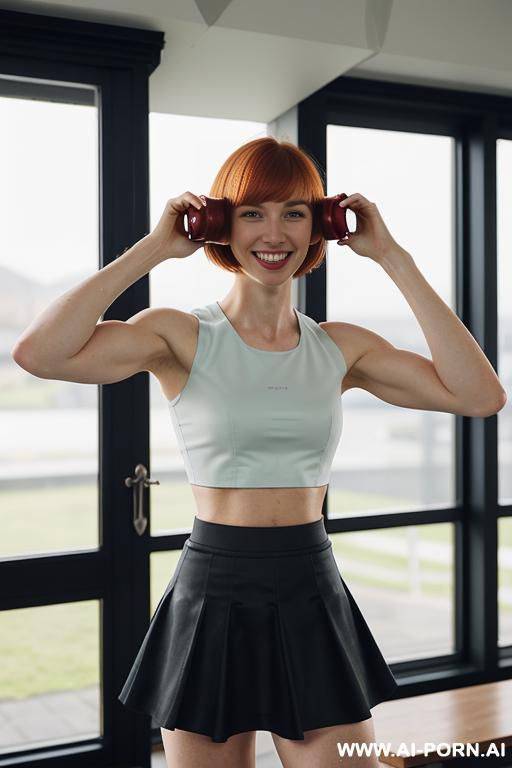 fitness, (lean arms), (a cup), ((skirt)), ((crop top)), indoors, standing, detail, looking at viewer - #main