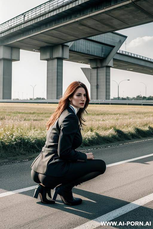 german woman normal clothes squatting on field behind motorway-guardrail - #main