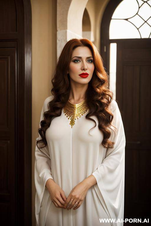 eye contact, red lipstick, very long hair, white gorgeous cacked woman , round soft face , sexy pretty body, wearing black seethough arabic kaftan - #main