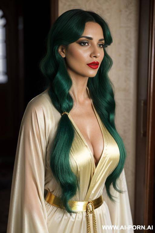 eye contact, red lipstick, very long hair, white gorgeous cacked woman , round soft face , sexy pretty body, wearing dark-green sheer arabic kaftan - #main
