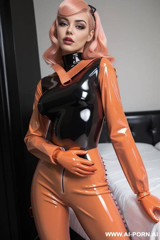 (light peach latex), large latex rubberroom, giftbox, (front side view), ribbon over body, ribbon catsuit, breast ribbon, full body, show boobs, latex catsuit, latex ribbon, latex bedroom, rainbow - #main
