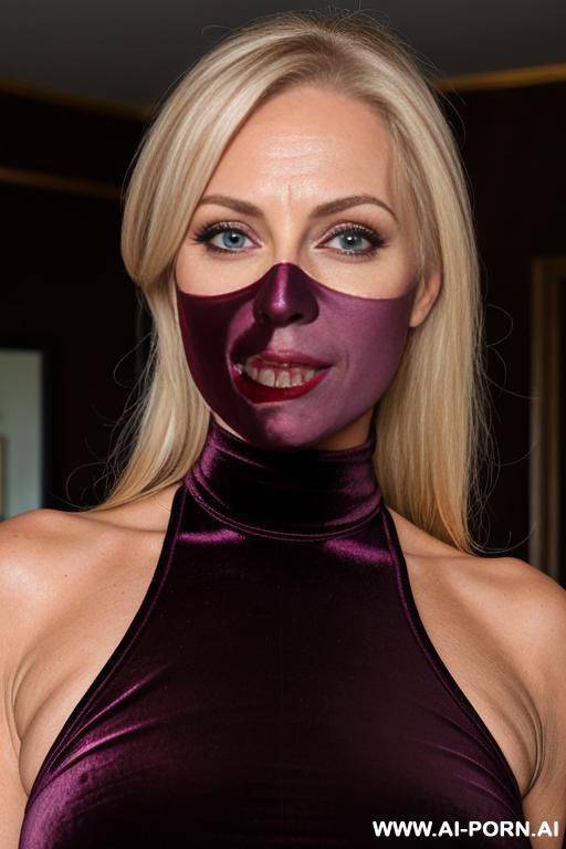 busty mature blonde in velvet halter split turtleneck with cum on face - #main
