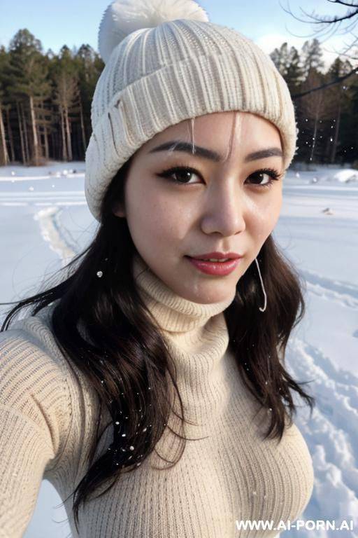 (((covered in a lot of cum))), cum dripping off of face, poker face, white knitted hat, turtleneck gray sweater, hands on chin, forest, snow is falling, full shot view, front view - #main