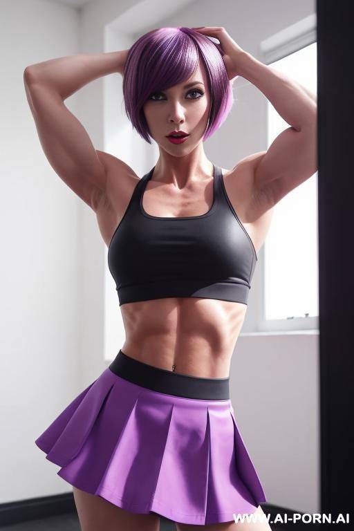 fit, fitness, (abs), (vascular arms), (veiny arms), ((blue skirt)), ((black crop top)), (standing in resting position), indoors, looking at viewer, detail - #main