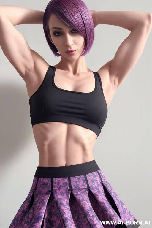 fit, (abs), (vascular arms), (veiny arms), ((blue skirt)), ((black crop top)), (standing in resting position), indoors, looking at viewer, detail - #main
