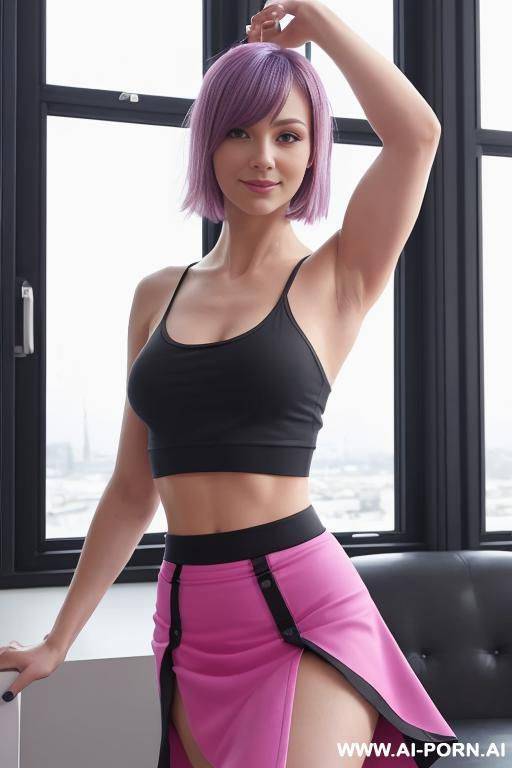 (abs), (vascular arms), ((blue skirt)), ((black crop top)), (standing in resting position), indoors, looking at viewer, detail - #main