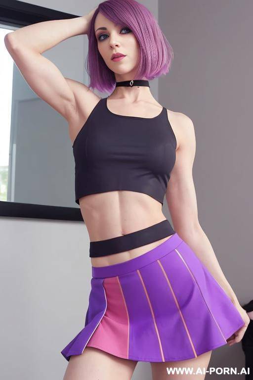 fit, (abs), (vascular arms), (veiny arms), ((blue skirt)), ((black crop top)), (hands on knees), indoors, looking at viewer, detail - #main