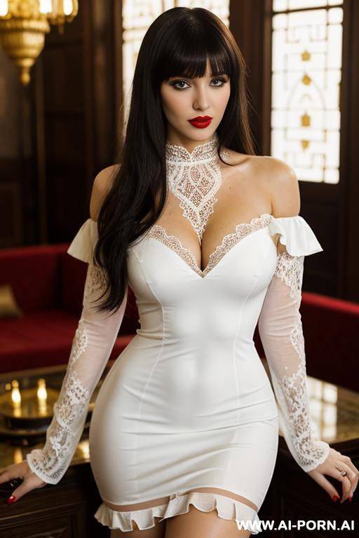 goth eye contact red lipstick, very long hair, white gorgeous cacked woman , round soft face , sexy pretty body, wearing just lace sexy long sleeve lace off shoulder lace ruffle cut out lace micro bodycon dress - #main