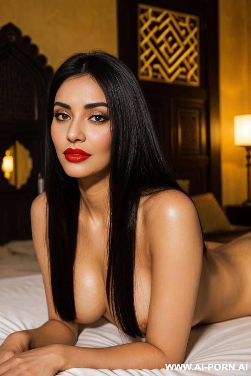 eye contact red lipstick, very long hair, round soft face , nude body, wearing see-though off-shoulder cover-up, laying on bed with legs open - #main