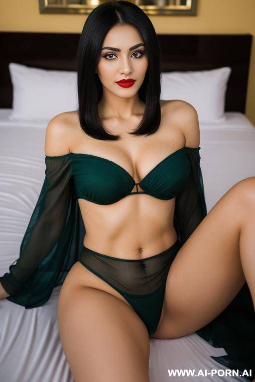 eye contact red lipstick, very long hair, round soft face , sexy pretty body, wearing see-though off-shoulder cover-up, laying on bed with legs open - #main