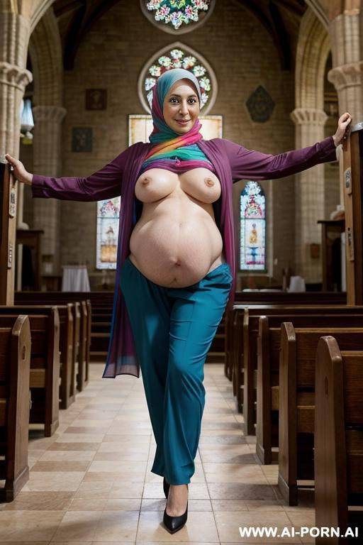 heavily pregnant, wearing hijab loosely, an old woman with a healthy body. - #main