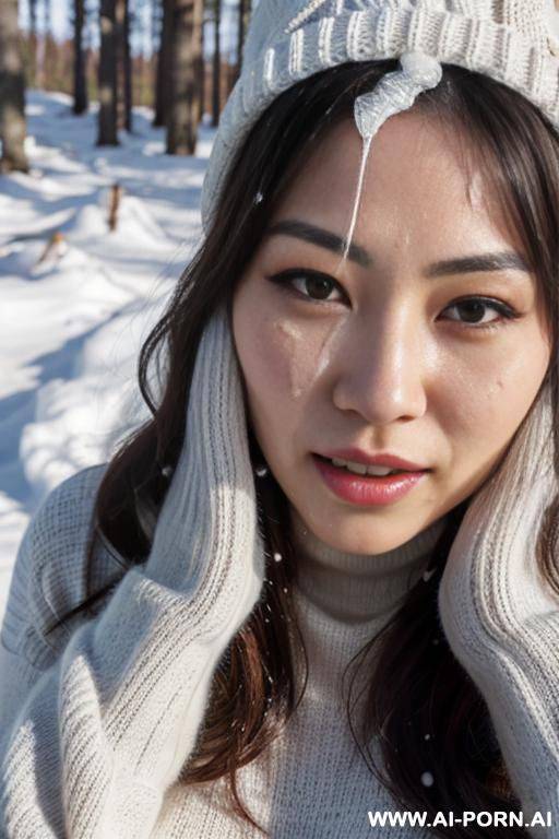 (((covered in a lot of cum))), cum dripping off of face, slightly angry face, white knitted hat, turtleneck gray sweater, hands on chin, forest, snow is falling, full shot view, front view - #main