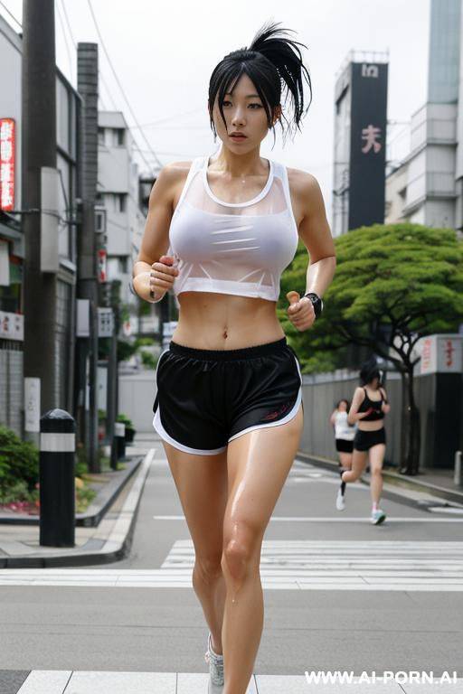 japan women jogging on street wearing running shorts with side cuts and a loose wet see through oversized short sleeveless t-shirt - #main