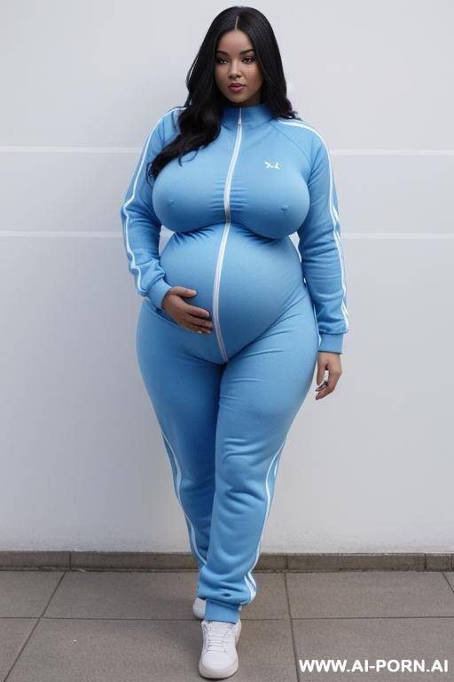 fat pregnant woman, blue skin. realistic blue skin body. light blue tracksuit. gigantic belly. huge boobs. - #main
