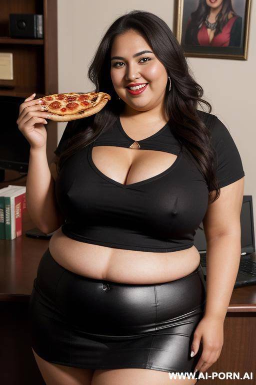 drinking a beer, holding pizza, mexican, supermodel, wide hips, clothed, fat face, rotund, pear shaped, band tshirt, rocker woman, extreme hourglass, sipping potion - #main