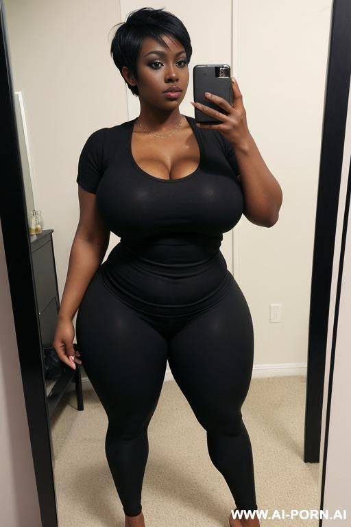 sexy bimbo, thot, really dark black skin, deep dark black skin color, ultra thicc, bulked up thighs, tight shirt, extremely gigantic boobs, perfect eyes - #main