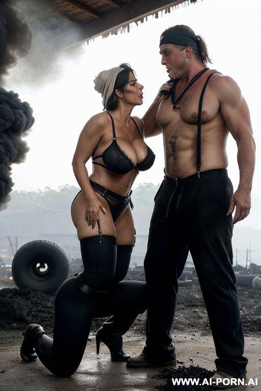 early morning, huge dump of car tires, two men workers (two workers are required) (muscular guys) (sexy workers) near granny, granny in kneeling pose (work pants with suspenders, bandana), aged - #main