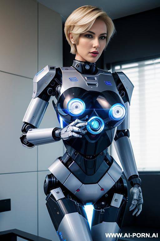 robotic police officer, pretty face, short blonde hair, (fully robotic body, athletic body, shapely legs, shapely arms, huge robotic tits) - #main